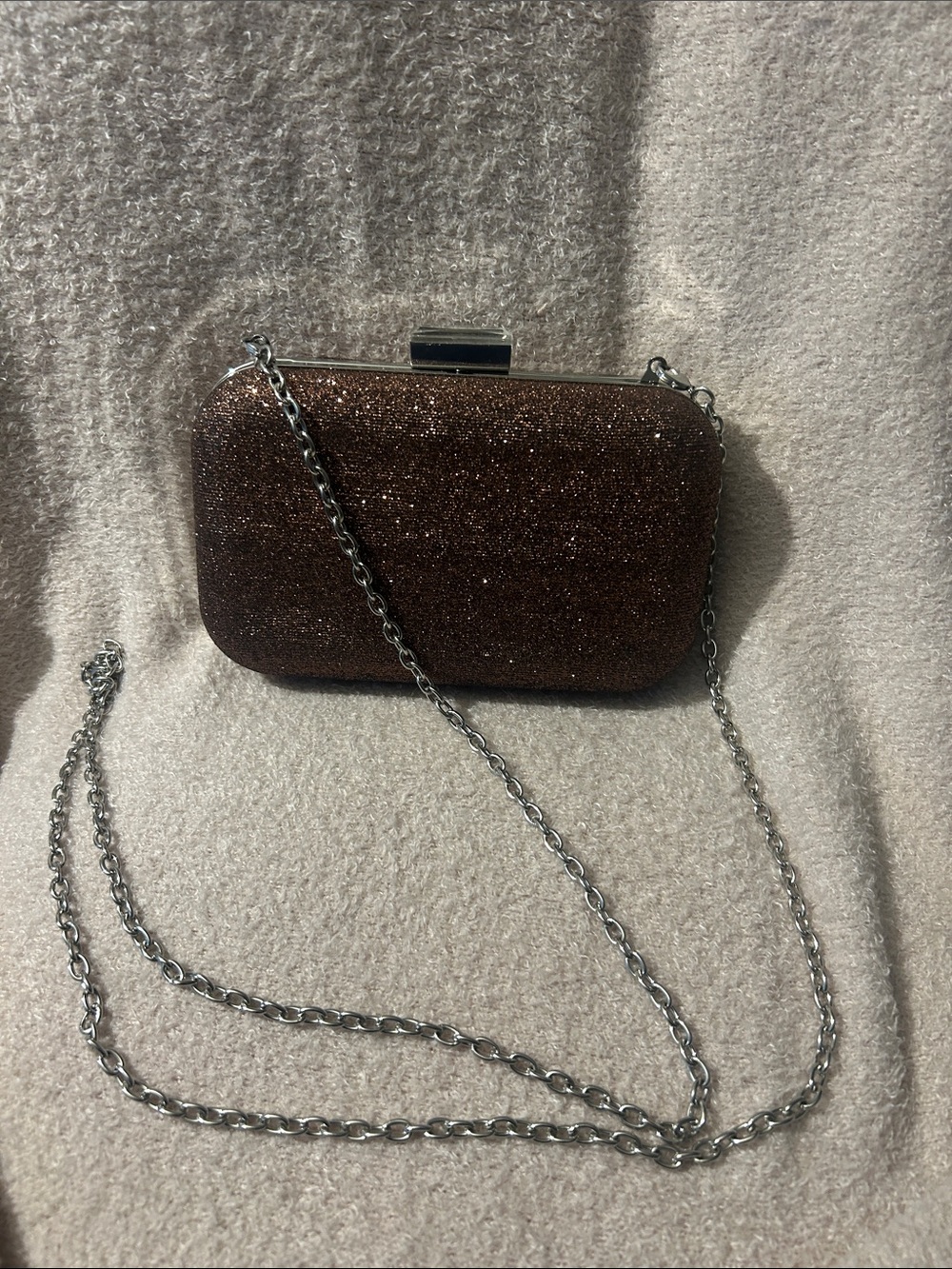 RSVP Brown Glitter Box Clutch with Silver Chain Strap